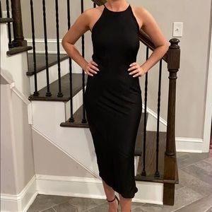 Black Satin Lace Up Midi Dress